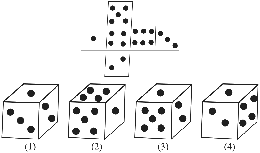 Net of a dice and four dice (1) to (4).