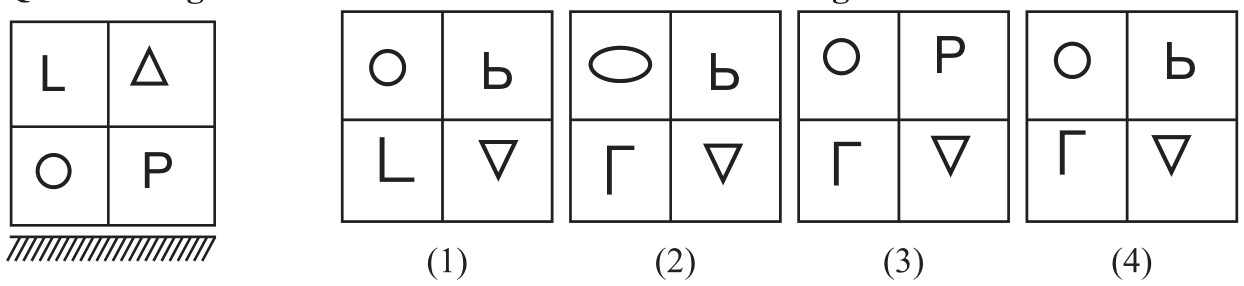A grid with L, a triangle, a circle and P, with water below, and four answer figures.
