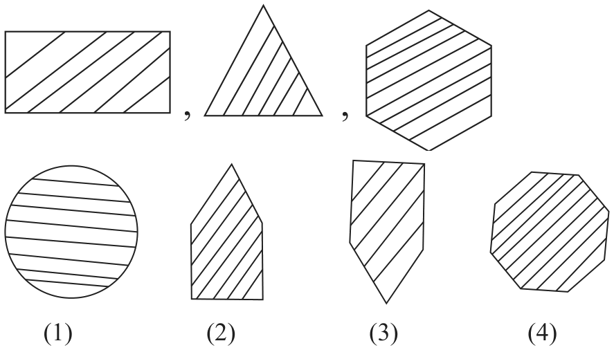 A rectangle, a triangle and a hexagon with slanting lines; options a circle and three polygons.