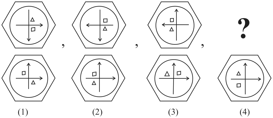 Three figures with arrows, a square and a triangle, and four answer figures.