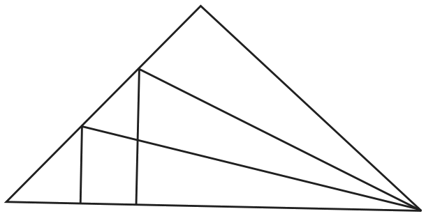 A triangle with two lines from the right corner to the left side, and two upright lines from the left side to the base.