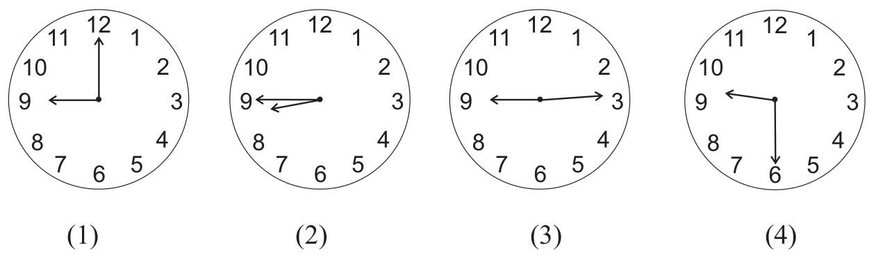 Four clocks. (1) 9 o&rsquo;clock. (2) the long hand at 9 and the short hand just before 9. (3) the long hand at 3 and the short hand at 9. (4) the long hand at 6 and the short hand near 9.