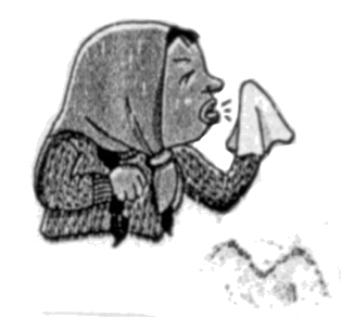A woman sneezing into a handkerchief.