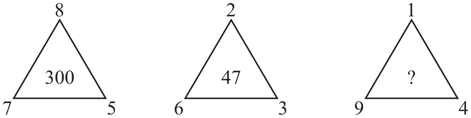 त्रिकोण : 8, 7, 5 व 300; 2, 6, 3 व 47; 1, 9, 4 व ?.