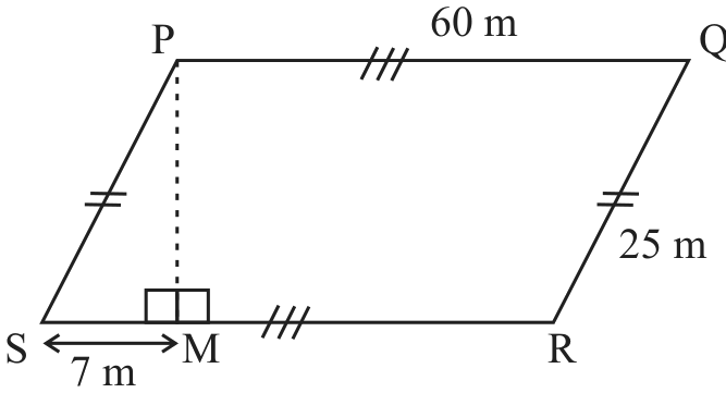 Parallelogram PQRS with PM perpendicular to SR, SM = 7 m.
