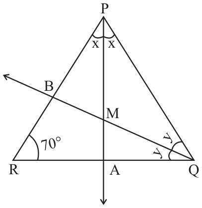 त्रिकोण PQR; P व Q चे दुभाजक M मध्ये छेदतात; ∠R = 70°.