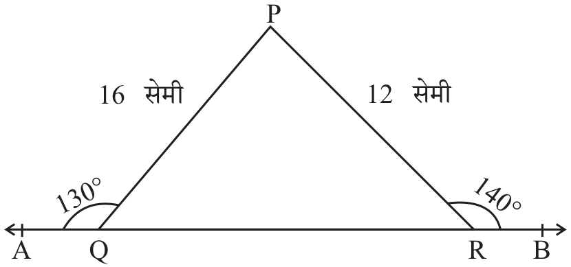 रेषा AB वर त्रिकोण PQR; Q जवळ 130° व R जवळ 140° बाह्यकोन.