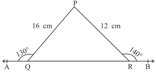 Triangle PQR on line AB; exterior angles 130 degrees at Q and 140 degrees at R.