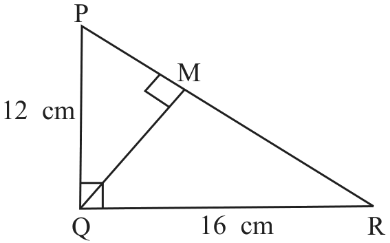 Right triangle PQR, right angle at Q, with QM perpendicular to PR.